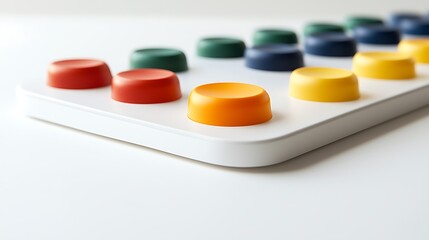 A white and colorful keyboard with a yellow button in the middle