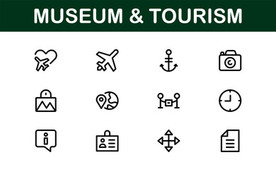 Essential Museum and Tourism Icon Set Vector Illustration. Includes Icons for Travel, Exhibits, and Landmarks to Create Engaging and Cultural Designs.