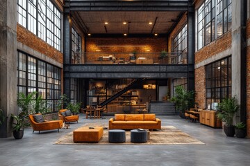 Industrial Style Office Building Interior With Exposed Beams and Raw Aesthetics Located in an Urban Setting During the Afternoon