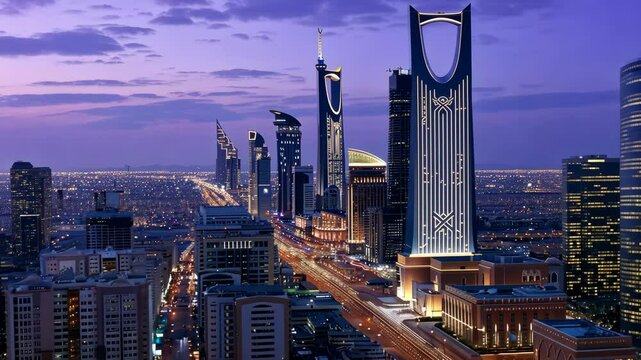 Stunning view of Riyadh's skyline at dusk showcasing the architectural beauty of modern buildings and city lights
