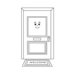 Line drawing of a door with a smiling face on the window and a welcome mat, showcasing a friendly and inviting concept, ideal for home or greeting card designs