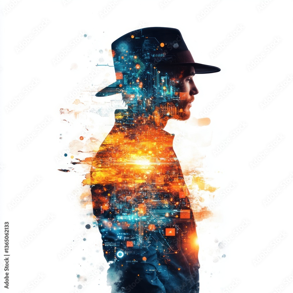 Poster Modern Man in a Hat Surrounded by Abstract Digital Elements and Vibrant Light Patterns