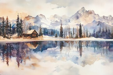 Fototapeta premium A peaceful watercolor landscape of a cabin and snowy mountains
