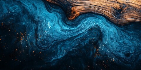 Marble wooden table with epoxy resin blue, Top view of wood. Luxury blue resin photo.