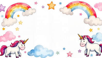 Obraz premium Whimsical unicorns under rainbows and clouds, dreamy kid-friendly frame