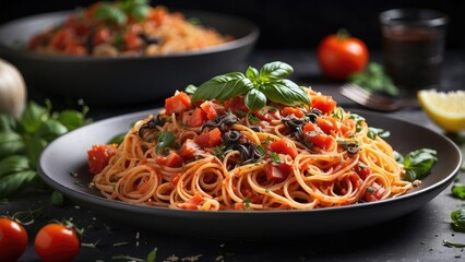 A dark gray plate of spaghetti with tomato sauce,