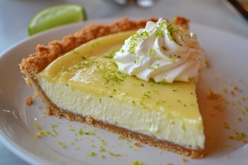 Delicious Key Lime Pie topped with a rich layer of cream and a sprinkle of zest.