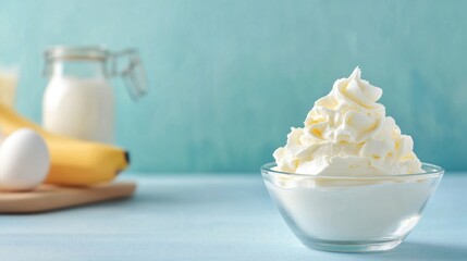Whipped cream in a glass bowl with fresh ingredients like banana, egg, and milk on a soft blue background for culinary and dessert themes