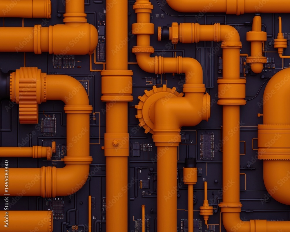 Poster Industrial Pipeline Design with Orange Pipes and Dark Background for Engineering Concepts