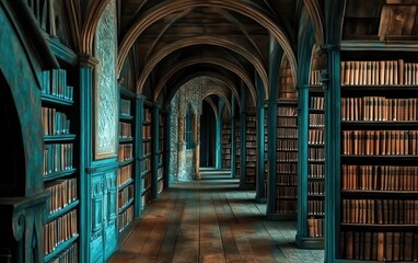 Ancient library hallway with tall bookcases