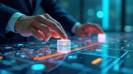 professional adjusting a high-tech AI control knob on a glowing, transparent touchscreen interface. The color scheme varies with shifting hues—sleek metallic silvers, neon blues