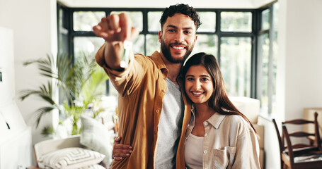 Real estate, portrait and couple with keys in new home for property investment, mortgage success...