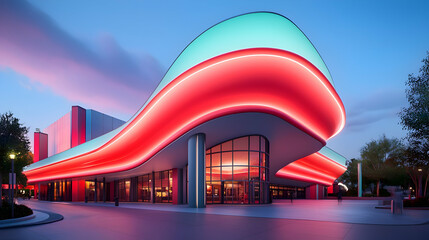 Illuminated Art Deco Movie Theater at Night