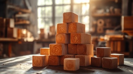Wooden blocks stacked in a pyramid shape on a workshop table.