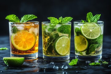 Fototapeta premium Refreshing citrus cocktails with mint leaves and lime garnish on dark background