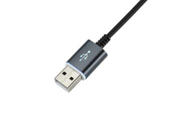 A floating charging cable with a glowing tip, isolated on a solid white background.