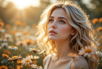 Fototapeta premium Golden Hour Beauty Blonde woman in daisy field soft light dreamy gaze summer vibes