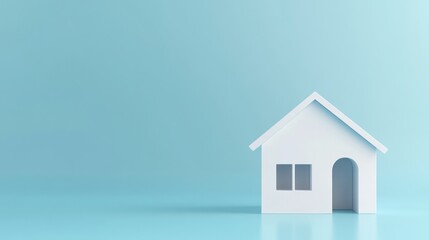 Minimalist white house on light blue background; 3D model; modern home design; presentation graphic