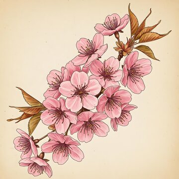 there is a drawing of a branch of pink flowers on a beige background