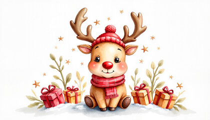 Cheerful red-nosed reindeer wearing scarf and hat, festive celebration