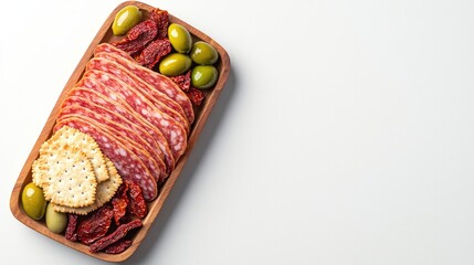 Savory platter features assorted cured meats, olives, and crispy