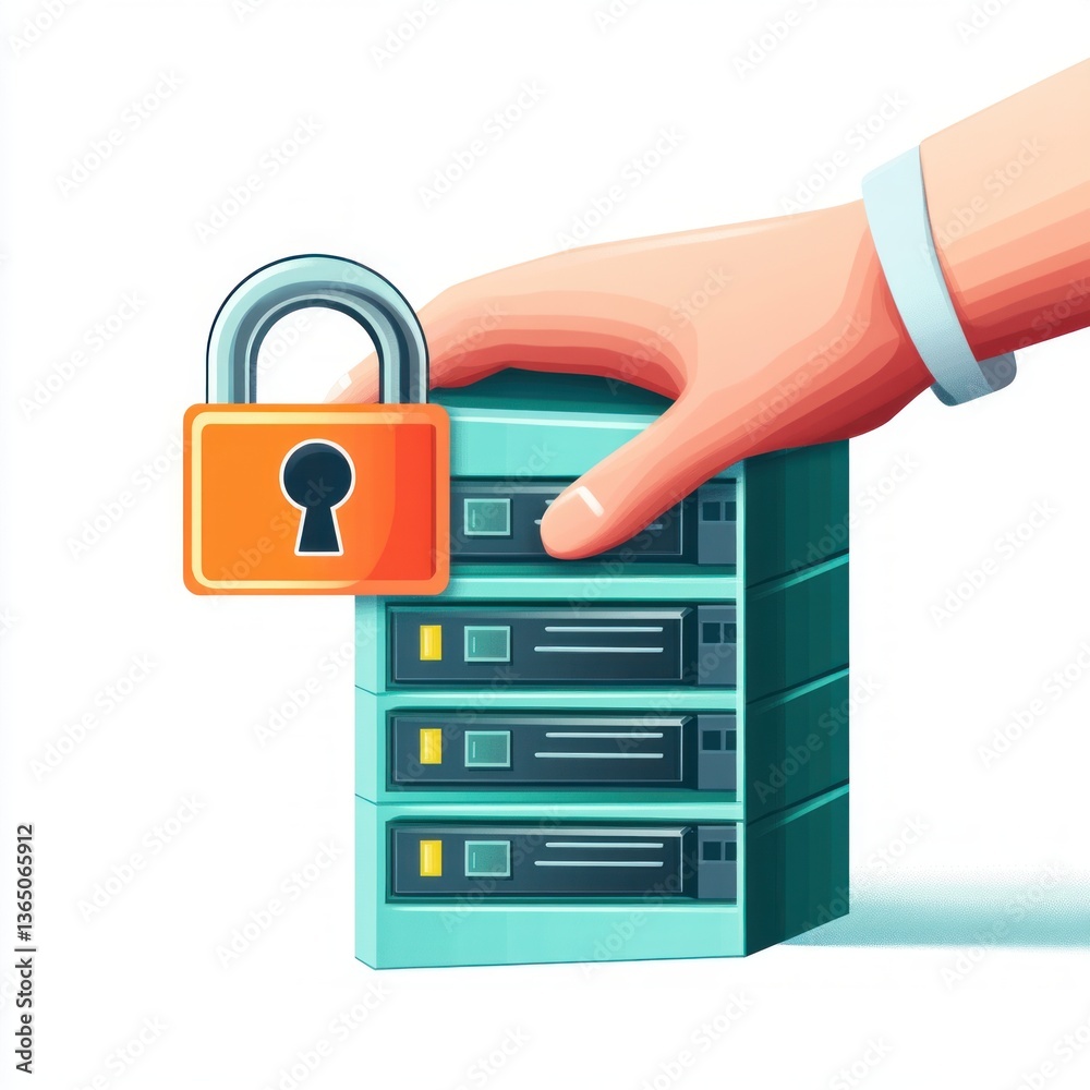Poster Secure Data Storage Concept with Locked Server and Hand Illustration for Cybersecurity Theme