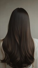 Naklejka premium Beautiful model girl with Brown hair strand,silky healthy chestnut wavy hair strand,hair wavy ribbon, with smooth,Keratin straightening,Treatment,straight long hair,procedures,Smooth hairstyle.