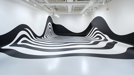 Monochromatic Modern Art Installation: Black and White Geometric Waves