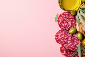 Colorful arrangement of charcuterie featuring salami, olives, he