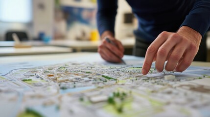Obraz premium A smart city planner designing urban spaces, high-tech office with smart city maps and digital design tools in the background, High-tech style