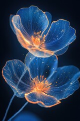 Illuminating Blossoms: A breathtaking close-up of two ethereal, translucent blue flowers, their delicate petals outlined in a warm, golden glow.