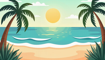 Fototapeta na wymiar Palm trees on a serene tropical beach, sunset glow