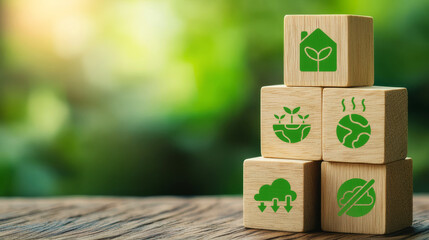 Eco friendly icons on wooden blocks promote net zero awareness