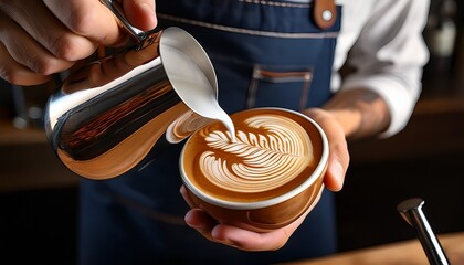a close up shot of a barista carefully pouring intricate latte art into a coffee cup showcasing the skill and precision involved in coffee making