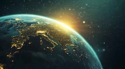 Obraz premium Earth From Space View Showing City Lights and Sunrise Perspective
