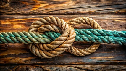 Fototapeta premium Aerial View Nautical Knots: Close-up Thick Rope, Weathered Wood, Sailing Knots, Maritime Photography