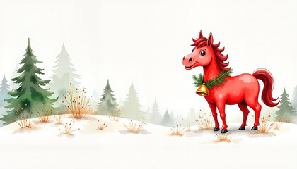 Playful red pony with gold bell in snowy meadow, festive cheer