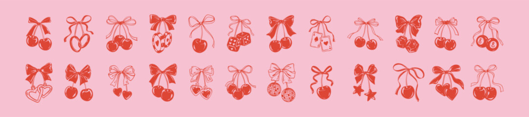 Doodle cherry bow ribbon y2k retro design elements. Linocut tattoo graphic vector illustration. Vintage coquette aesthetic line art drawing. Pink heart, disco, love, casino, punk goth concept