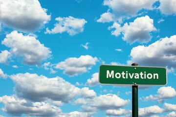 Motivation sign against a bright sky with fluffy clouds encourages positive thinking and action