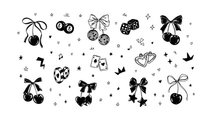 Cherry ribbon bow girly linocut design elements. Emo goth grunge y2k tattoo style hand drawn vector illustration. Casino, poker, wedding, bachelorette, birthday vintage feminine handwritting drawings