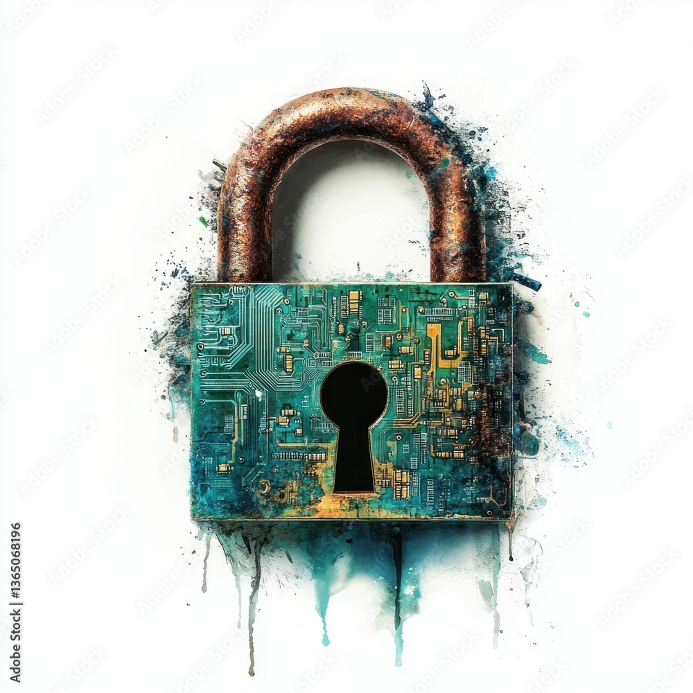 Poster Rusty Padlock with Circuit Board Design and Paint Splashes on White Background
