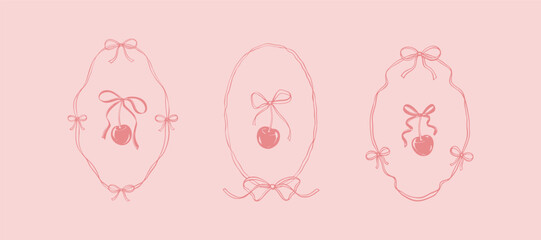 Set of hand drawn filigree whimsical coquette lace frames with cute bow ribbon cherries. Graphic print for posters, wedding, valentine, birthday cards and t shirts. Girly linocut vector illustration