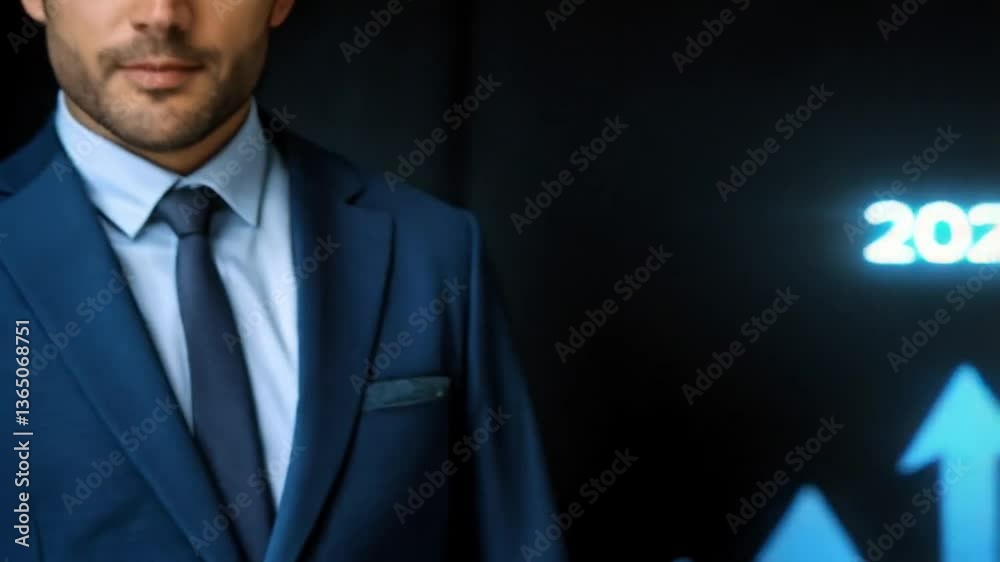 Aufkleber man in suit pointing at the year two thousand twenty six above rising blue arrow chart lines