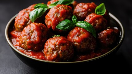 Savory meatballs drenched in rich tomato sauce, garnished with f