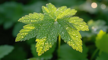 The beauty of nature after rain is showcased as sunlight illuminates a vibrant green leaf with delicate water droplets.
