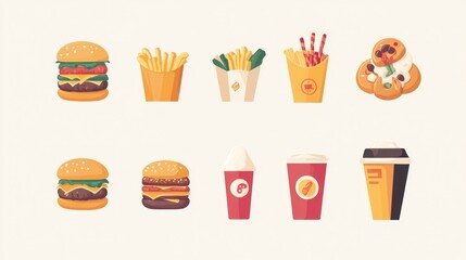 Fast food illustrations, variety of snacks,  isolated. Ideal for marketing materials