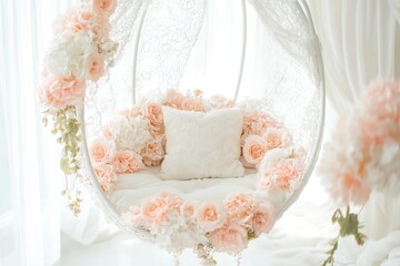 A white hanging chair decorated with soft pink and white flowers
