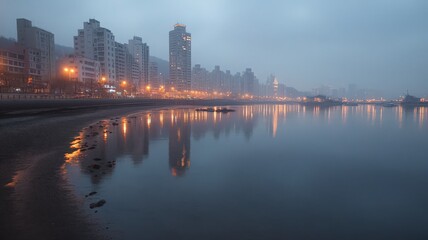 Reflective City Skyline at Dawn
