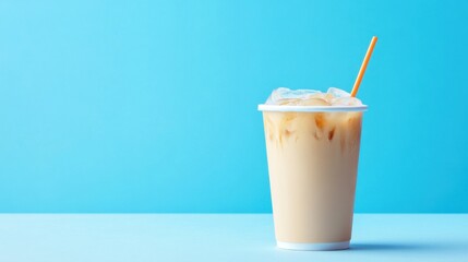 Creamy iced coffee drink in clear cup with straw against vibrant blue background, refreshing beverage with ice and perfect for summer enjoyment