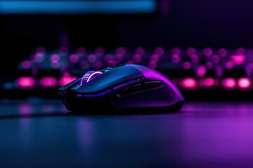 Sleek, black mouse on desk, illuminated by neon lights, keyboard in background